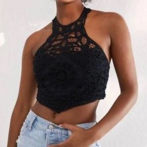 Free People Black Crochet Halter Crop Top NEW